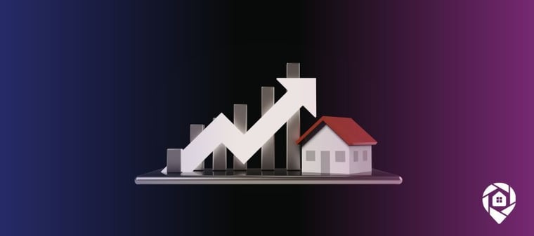 house hovering in a black void with a bar graph to the left of it with increasing bars and an increasing trend line