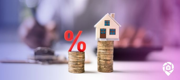 Percent sign on a stack of coins vs a house on a stack of coins to compare fixed rate vs adjustable rate mortgages.