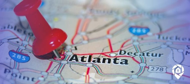 Map of Atlanta marked with a pin for real estate investing and house flipping.