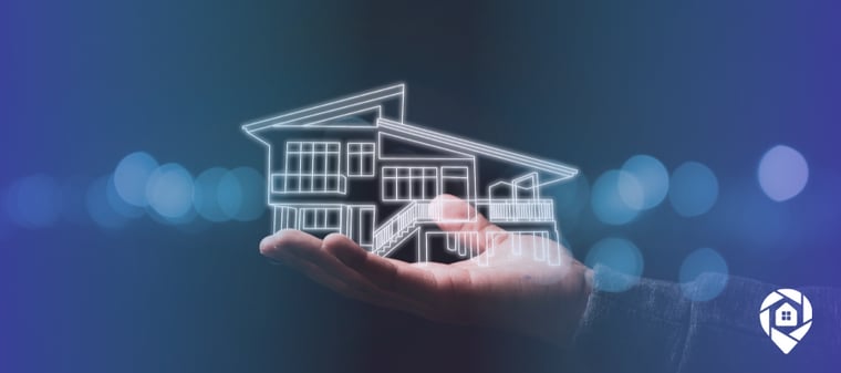 Digital outline of a modern house held in a hand, representing real estate investing and property technology.