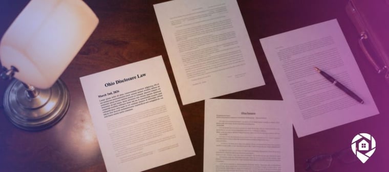 A lawyer's desk with papers spread out. One says "Ohio Disclosure Law".