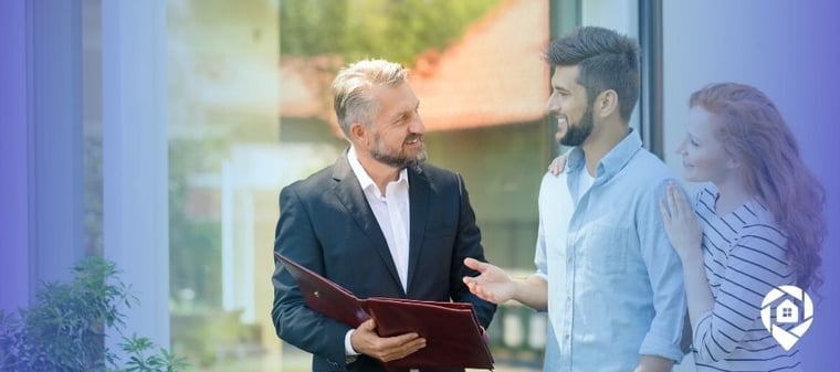 Real estate investor meeting homeowners during a pre-foreclosure consultation at the property door.