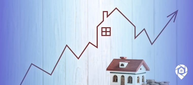 Real estate and inflation shown by a rising home-shaped trend line, a small house model, and stacked coins symbolizing property value growth.