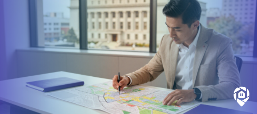 Real estate investor in a blazer marking up a color-coded zoning map at a desk, with a government building visible through the office window behind him, representing rezoning property.
