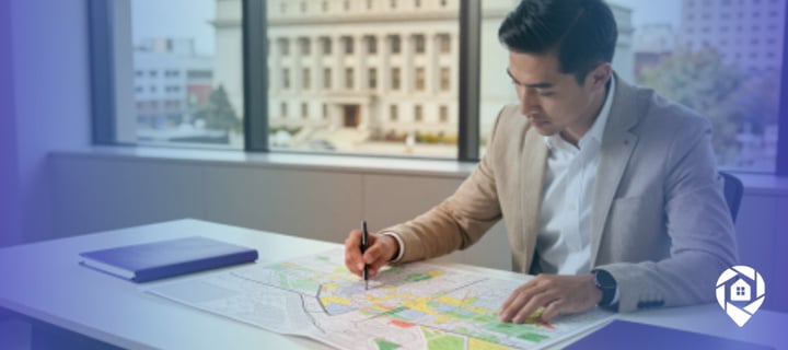 Real estate investor in a blazer marking up a color-coded zoning map at a desk, with a government building visible through the office window behind him, representing rezoning property.