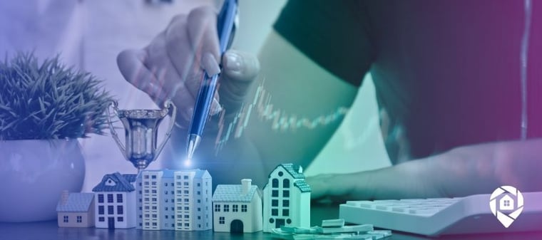 Houses on a table with a semi transparent overlay of a comparative market analysis in real estate.